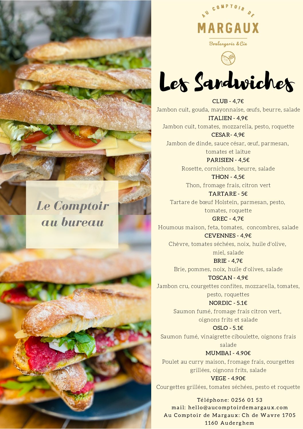 Au Comptoir de Margaux - Menu sandwiches