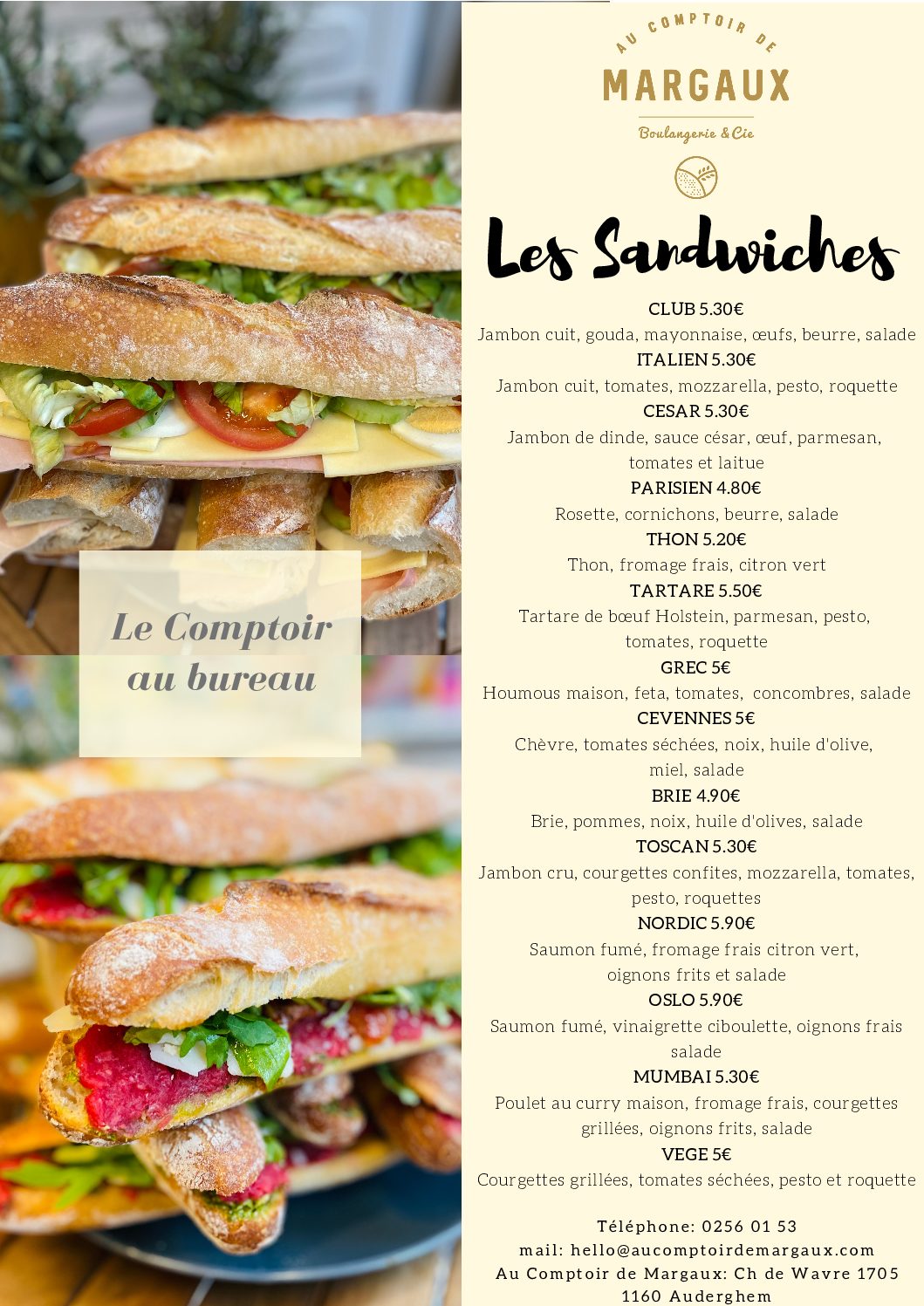 Au Comptoir de Margaux - Menu sandwiches